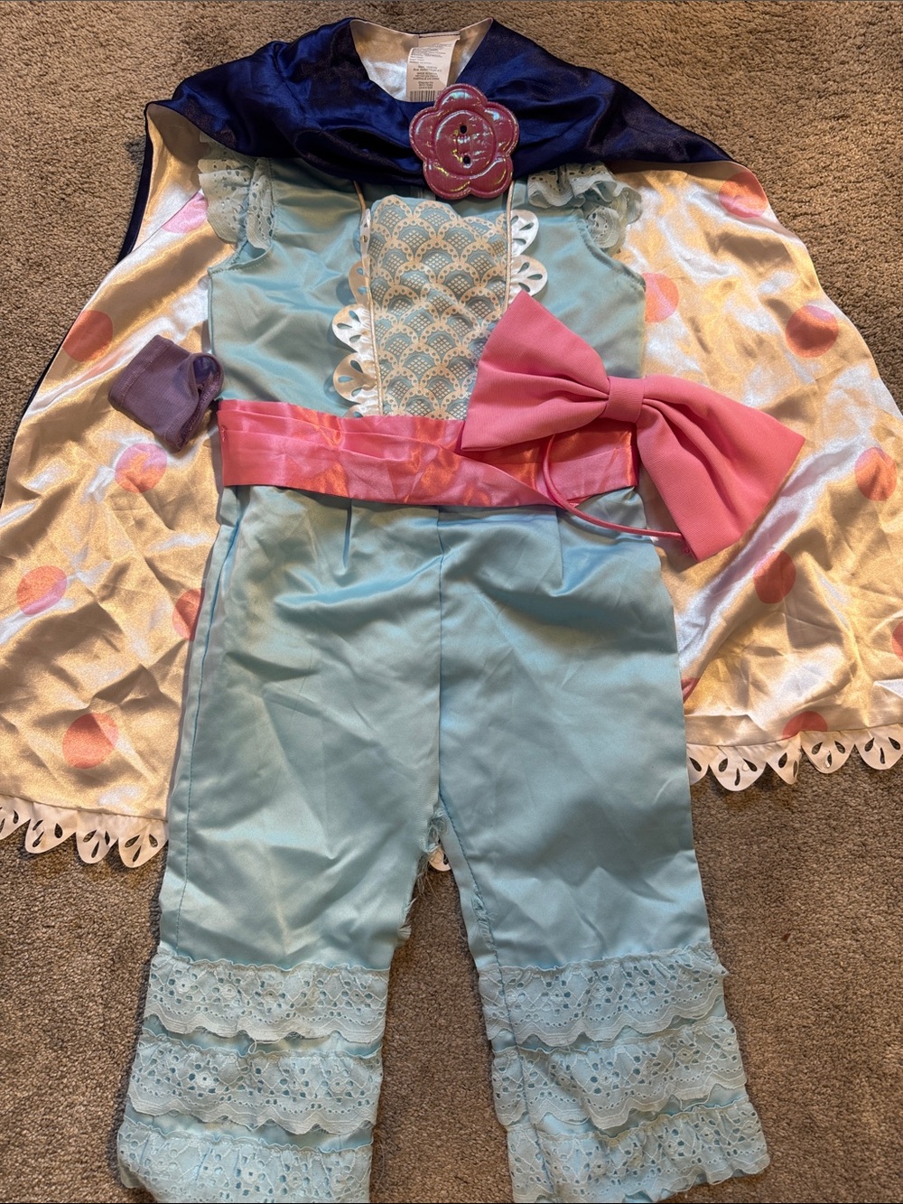 Toy Story 4 Bo Peep Girls Light Blue Costume with Pink Bow Head Band and Cape